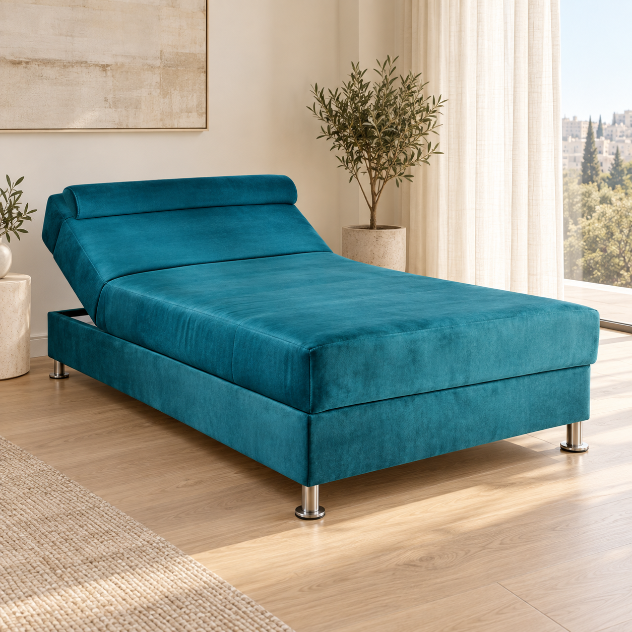 מיטה וחצי AMERICAN CROWN H10 בריפוד טורקיז עם ארגז מצעים ורגליים דקות