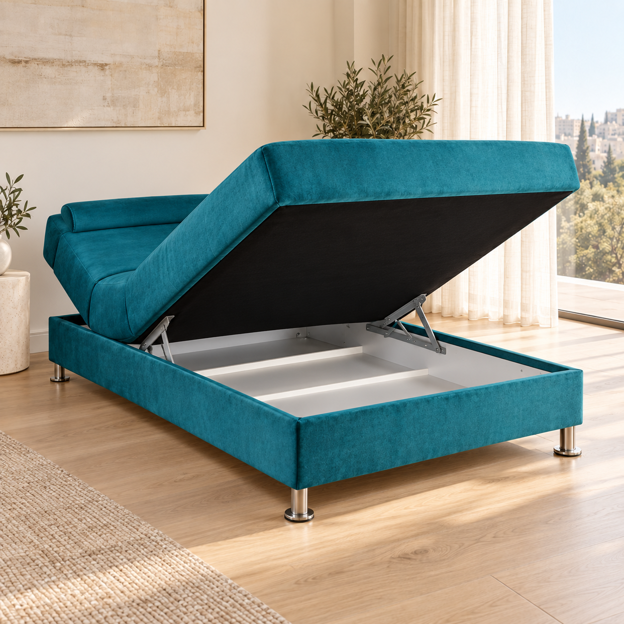 ארגז המצעים של מיטת AMERICAN CROWN H10 כשהמשטח מורם